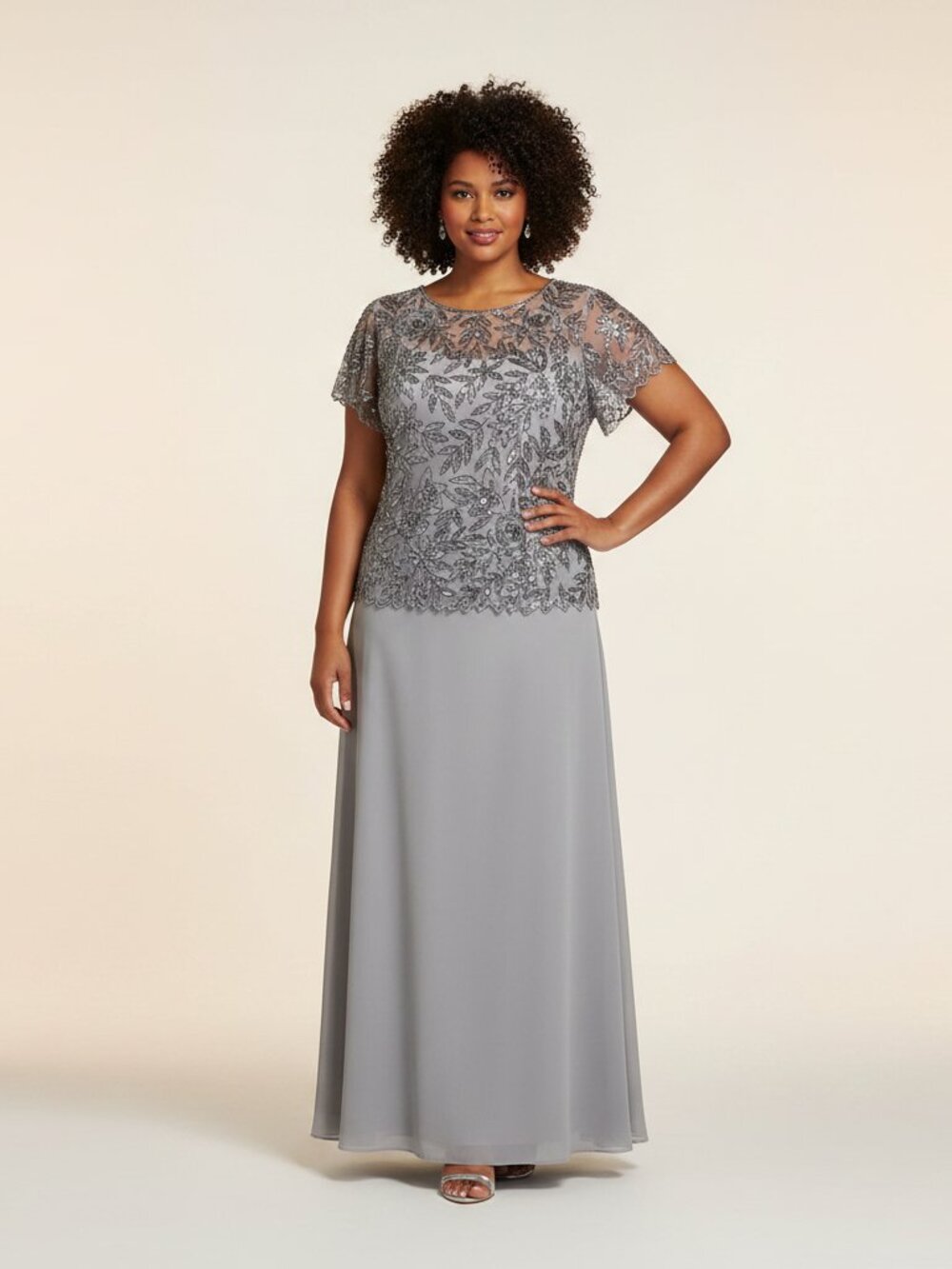 Pisarro Nights Beaded Mesh Two-Piece Look Gown Gray 16 NWT Formal
